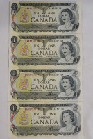 1973 Canadian Bank of Canada One Dollar Bank Notes , Consecutive Numbers . Four (4) Bank Notes , No bends or folds and appears uncirculated