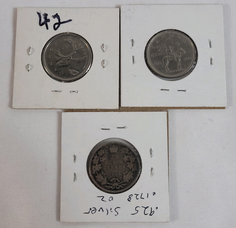 1905 - 2006 Canadian 25 Cent Quarters . 1905 Silver , 1973 & 2006 . Three (3) Coins
