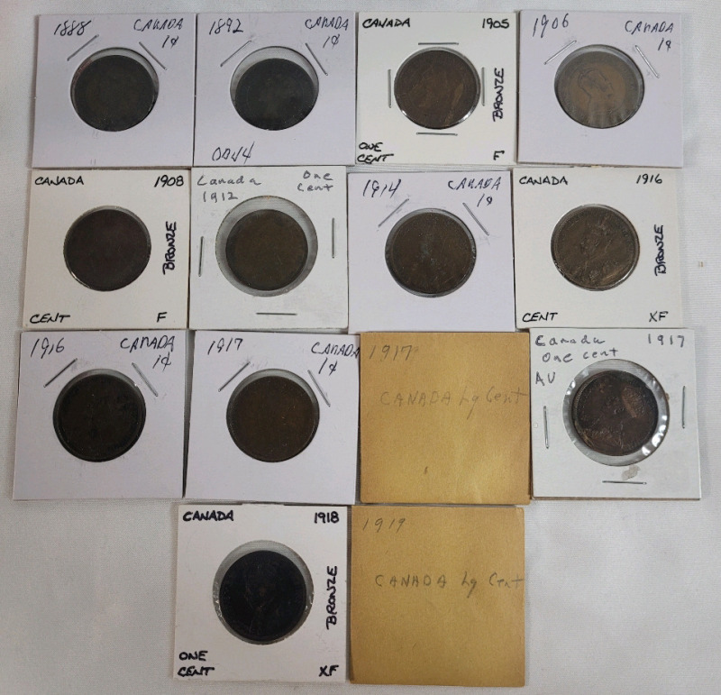 1888 - 1919 Canadian Large One Cent Pennies . 14 Coins