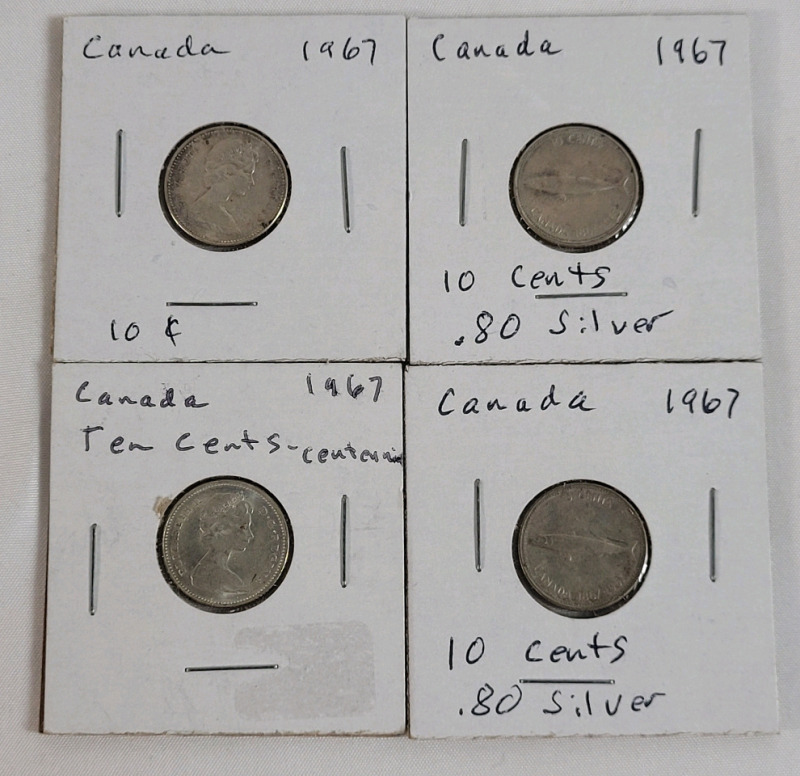 1967 Canadian Silver 10 Cent Dimes , Four (4) Dimes