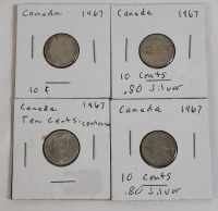 1967 Canadian Silver 10 Cent Dimes , Four (4) Dimes