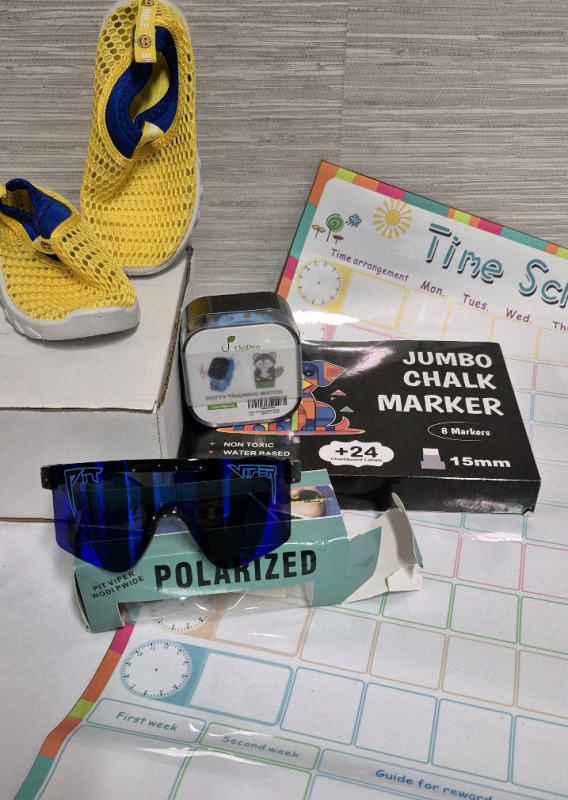 5 New Kid's Items- Pit Viper Glasses, Potty Training Watch, Shoes sz 24, Jumbo Chalk Marker and A Time Schedule Board 23.5 by 15.5"