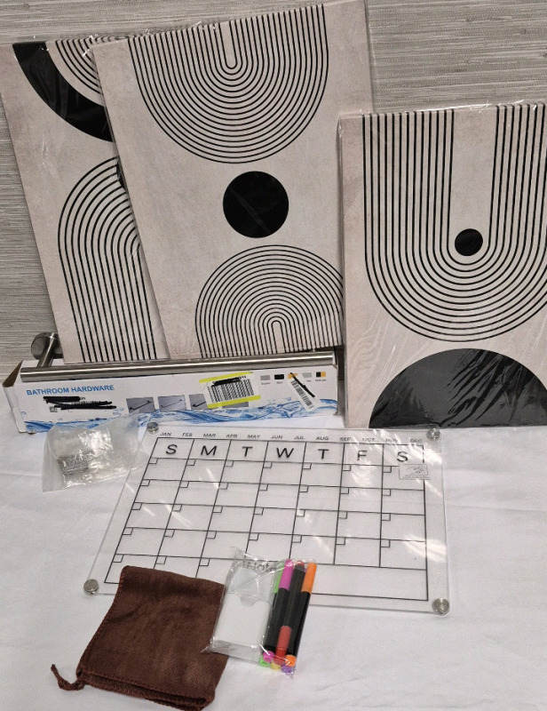 New Home Decor Lot - 3 Piece Wall Art 16x12", Towel Rack 16.5"L & Calendar Board with Markers 16x12"