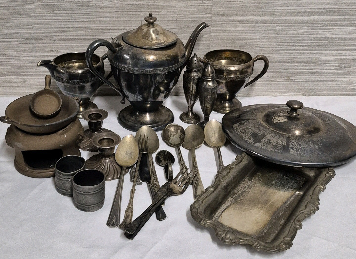 Vintage Silverplate Lot & New Ceramic Candle Home Decor
