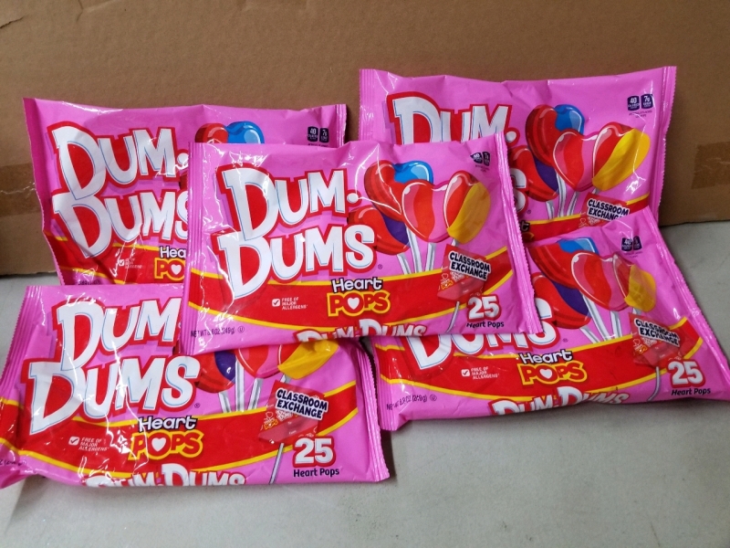 5 new bags DUM DUMS HEART POPS suckers 25 per bag bb 09/26/2027