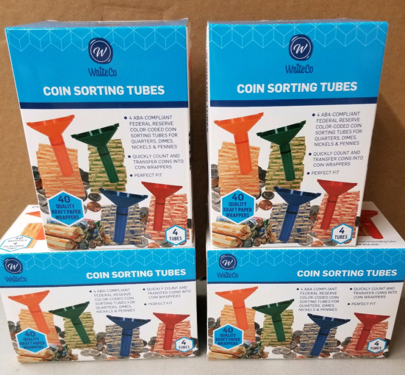 4 New boxes of coin sorting tubes each box has 40 paper wrappers and 4 tubes