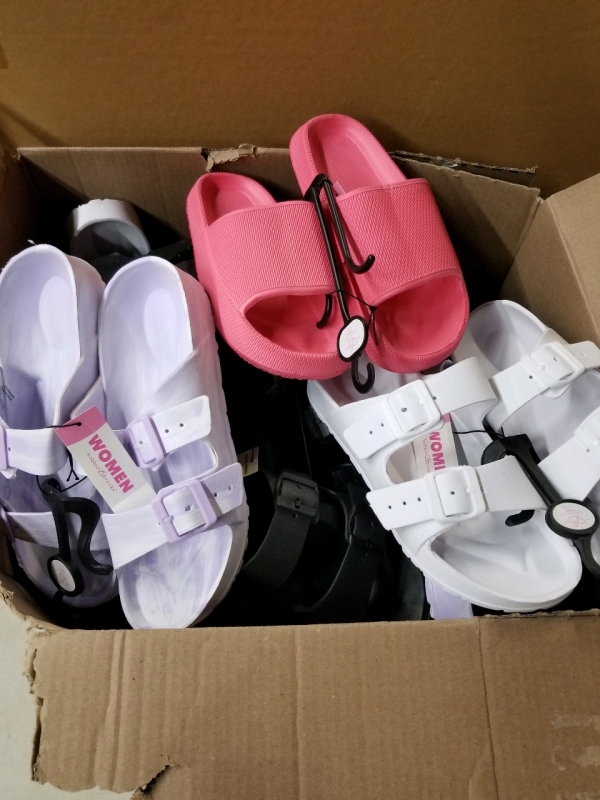 20 pairs of New Ladies sandals various sizes black white marbled purple and pink