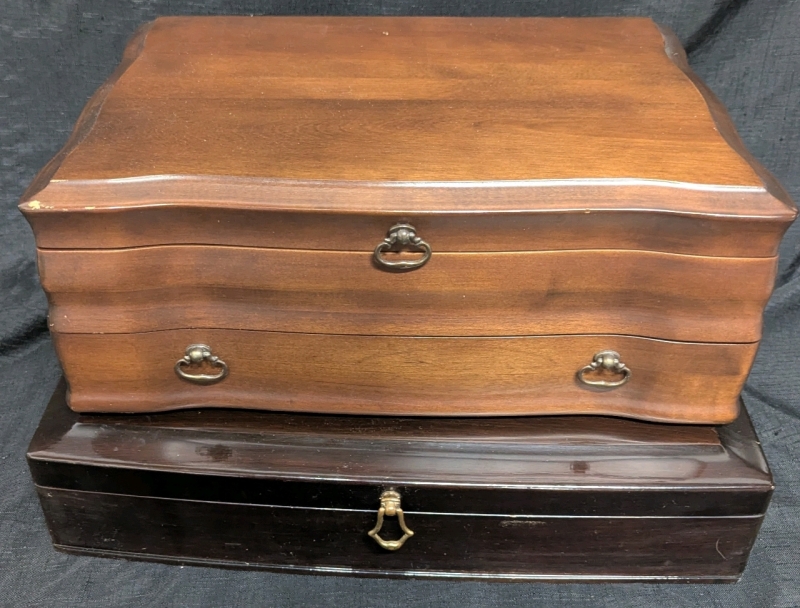 2 Wooden Vintage Flatware Cases - One Measures 17.5" x 12" x 4" - The Other Measures 11" x 16" x 6"