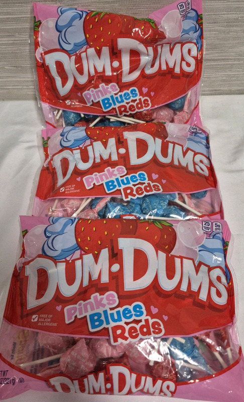 3 New Packs Dum-Dums Candy 221g Each Pack BB 10/08/2027 - Pink, Reds & Blues