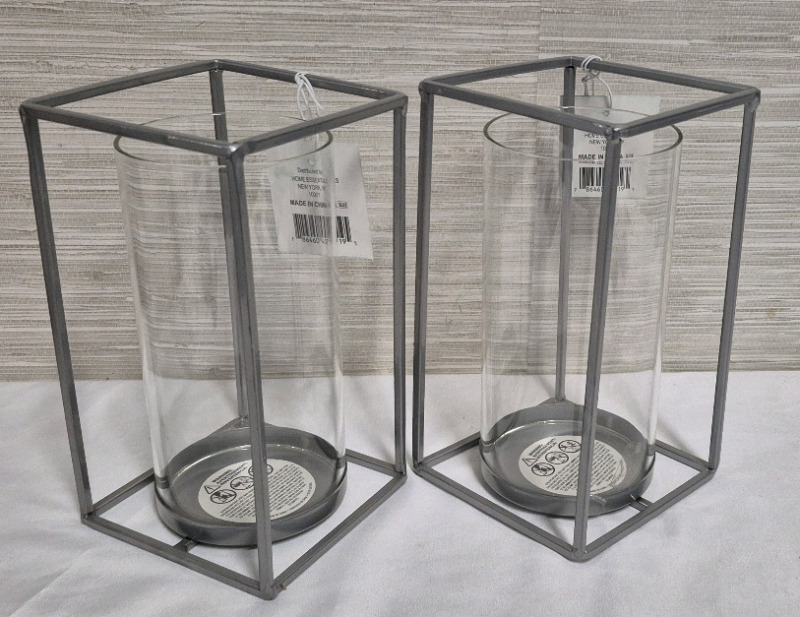 New Pair of Metal & Glass Candle Holders 8" Tall - Glass Hurricane 3.5" Diameter