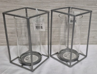 New Pair of Metal & Glass Candle Holders 8" Tall - Glass Hurricane 3.5" Diameter