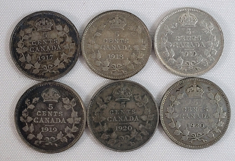 1917 - 1920 Canadian Silver 5 Cent Nickels . 1917 , 1918 , 1919 &times;2 & 1920 &times;2 . Six (6) Nickels