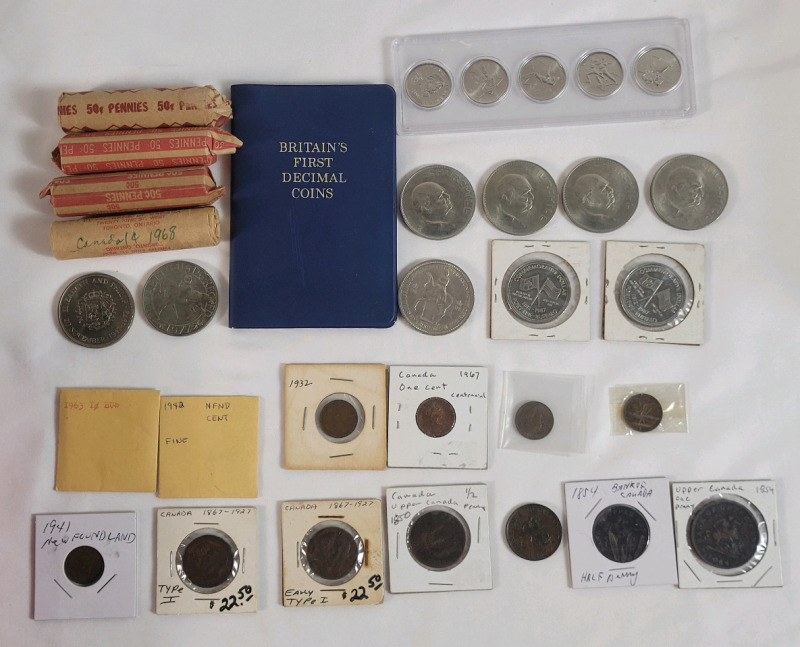 1854 - 2008 Canadian & Great Britain Coin & Token Lot . 1854 bank of Canada Coins (4) , 4 Rolls Canada Pennies, 2008 UB Canada Quarters (5) , 1942 & 1941 NFND Penny , Queen Elizabeth and Churchill Coins plus more