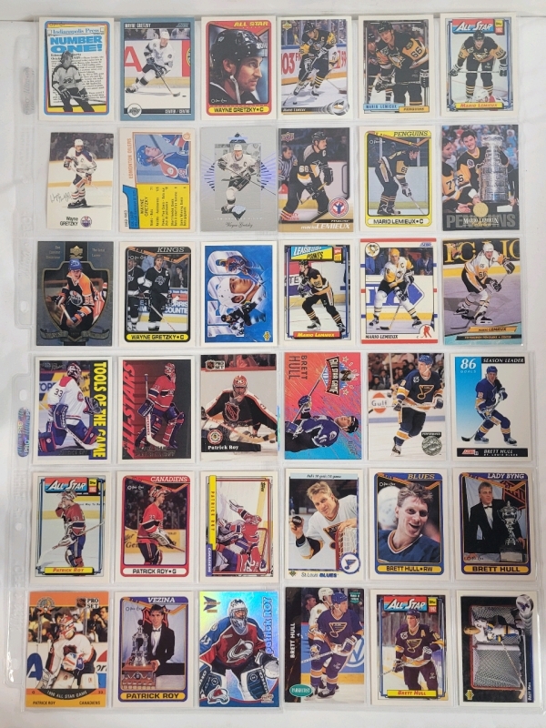 Wayne Gretzky , Mario Lemieux , Patrick Roy & Brett Hull NHL Hockey Trading Card Singles . 36 Trading Cards