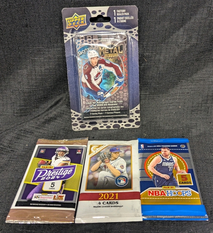 4 New Sealed Sports Card Packs - MLB Topps Gallery 2021 4 Cards - NFL Panini Prestige 2024 5 Cards - Panini NBA Hoops 2024-2025 5 Cards - NHL Upper Deck Metal Universe 2022-2023 7 Cards