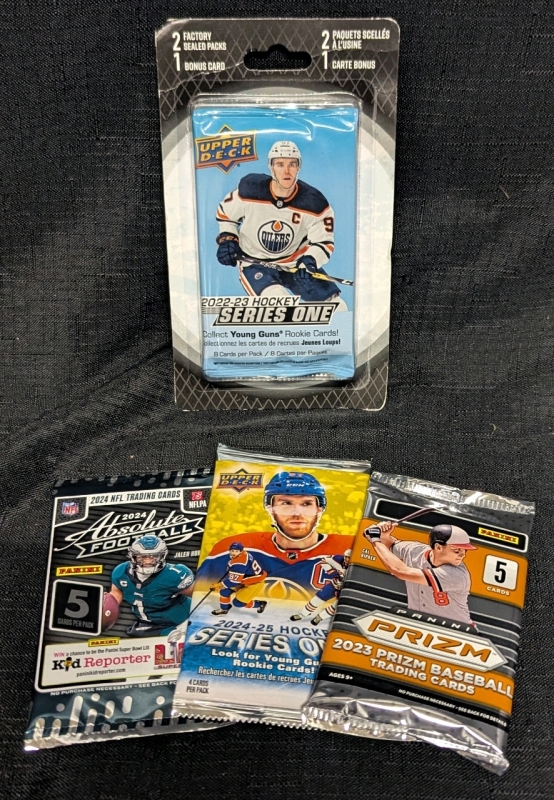 4 New Sealed Sports Card Packs - MLB Panini Prizm 2023 5 Cards - NFL Panini Absolute Football 2024 5 Cards - NHL Upper Deck Series One 2024-2025 4 Cards - NHL Upper Deck Series One 2022-2023 2 Packs of 8