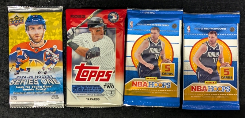 4 New Sealed Sports Card Packs - Topps Series Two 2023 14 Cards - 2x Panini NBA Hoops 2024-2025 5 Cards - NHL Upper Deck Series One 2024-2025 4 Cards