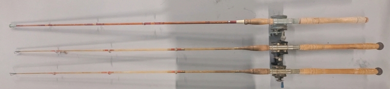 3 Vintage Wooden Fishing Rods With Reels - All Three Are Approximately 6ft Long - Some Corrosion Present