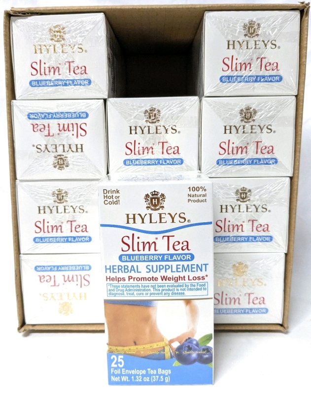 12 New HYLEYS Slim Tea : Blueberry Flavour Herbal Supplement Helps Promote Weight Loss - 25 Foil Envelope Tea Bags per Box | Retails Value Over $250!