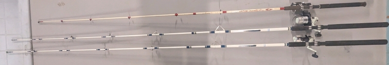 3 Fishing Rods - 2 Okuma Tundra Fiber Glass Rods 8ft Long - 1 Tigger Spinning Shakespeare Rod 7ft Long