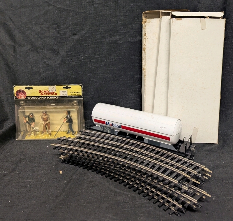 O Scale Railway Track Lot - 3x Track Switch - Lima Models Mobiloil Car - 12x Atlas 24" No. 6010 Curved Track - 3 Scenic Accents Woodland Scenics (G Scale)