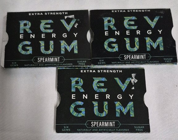 3 New Packs Rev Energy Gum Extra Strength Spearmint 100mg Caffeine per Piece