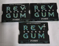 3 New Packs Rev Energy Gum Extra Strength Spearmint 100mg Caffeine per Piece