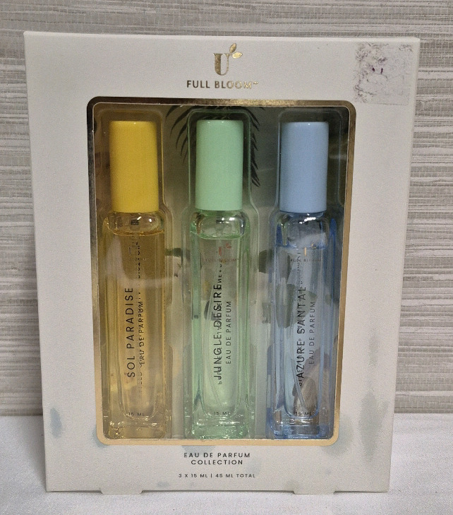 3 New Full Bloom Eau De Parfum Collection 15mL Each Scents - Sol Paradis, Jungle Desire, & Azure Santal BB 04/24/2026