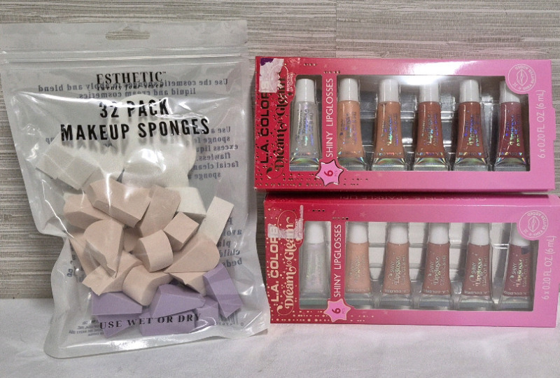 New Cosmetic Lot - 12 New Lip Glosses & 32 Pack Makeup Sponges