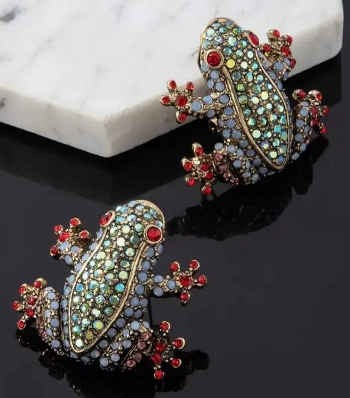 Rhinestone Inlay Cute Frog Prince Retro Niche Earrings Studs Posts Stamped 925 Approximately 1.2 x 1.14 Inch