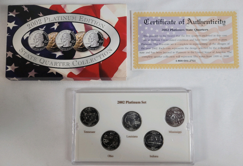 2002 USA Platinum Edition Philadelphia Mint State Quarter Set . Brilliant Uncirculated Condition in Case .
