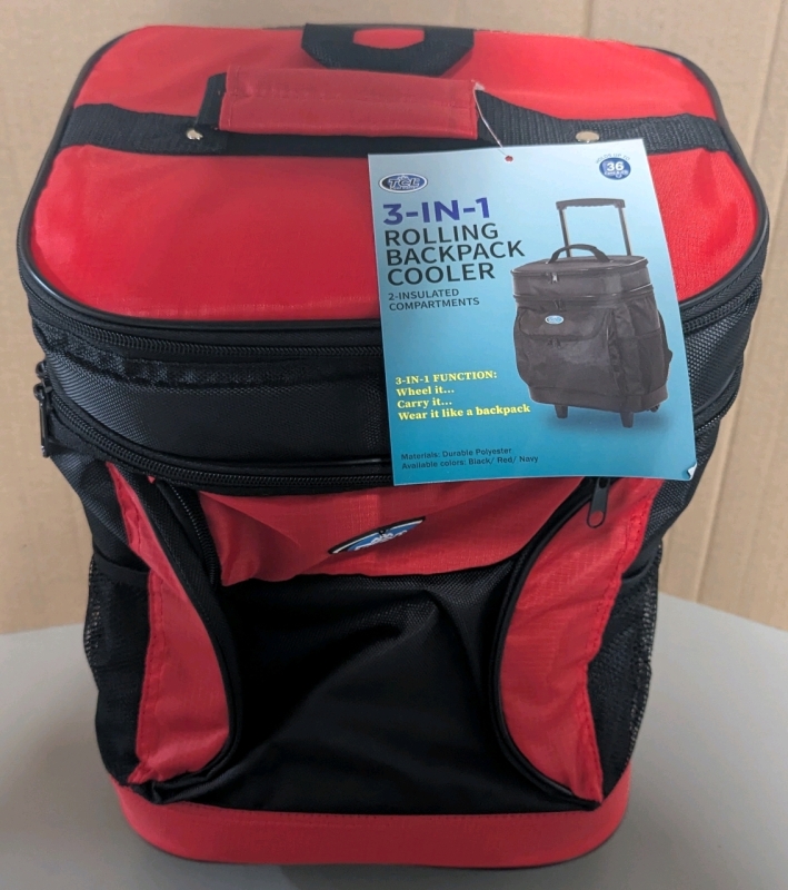 New: TCL Cool Carry 3 in 1 Rolling Backpack Cooler - Holds Up To 36 Cans - 16" x 11" x 13"