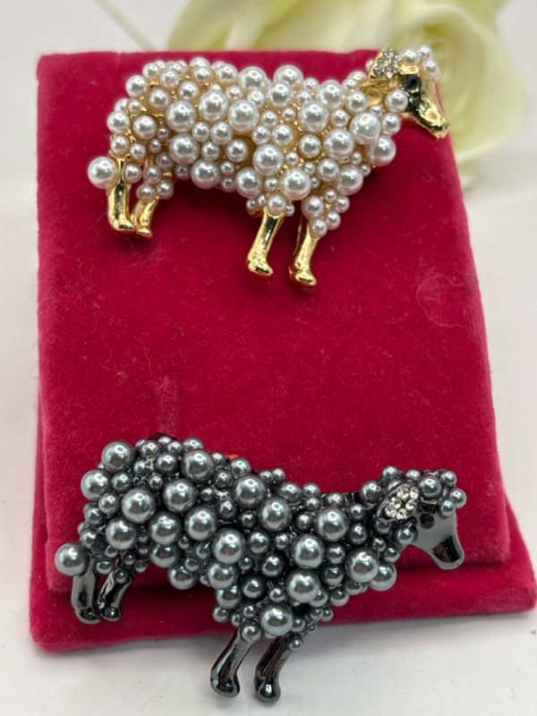 Two Full Faux Pearl Sheep Brooches Lovely One Black One White Appropriately 1.5 x 1.9 Inch