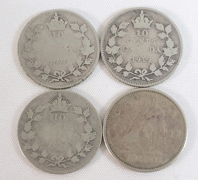 1919 - 1961 Canadian Silver 10 Cent Dimes . 1919 &times;2 , 1930 & 1961 . Four (4) Dimes
