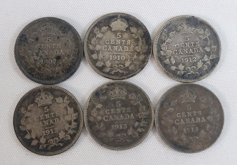 1907 - 1914 Canadian Silver 5 Cent Nickels . 1907 , 1910 , 1912 , 1913 &times;2 & 1914 . Six (6) Nickels