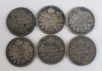 1907 - 1914 Canadian Silver 5 Cent Nickels . 1907 , 1910 , 1912 , 1913 &times;2 & 1914 . Six (6) Nickels