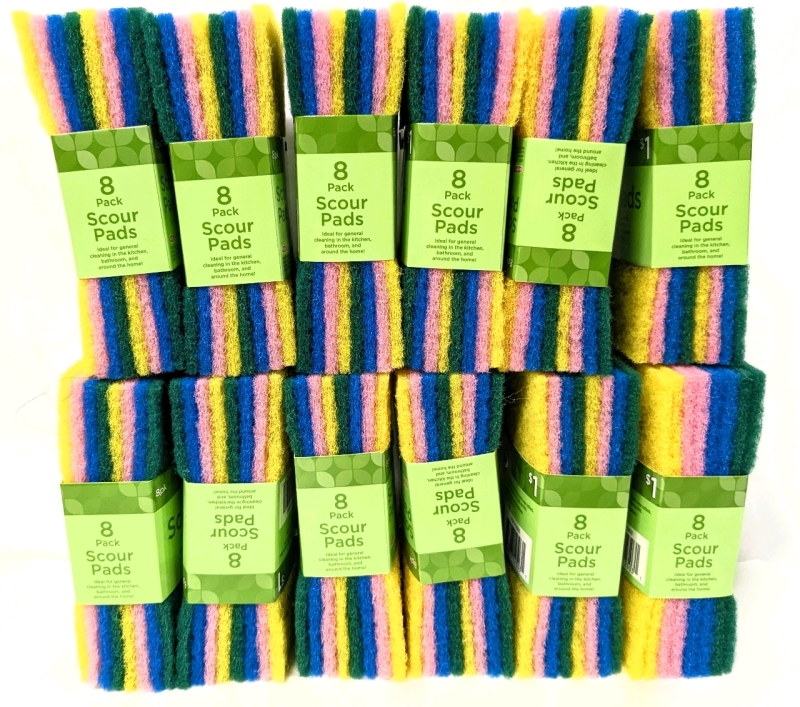 12 New 8-Pack SCOUR PADS for Pots, Pans, Utensils & General Kitchen + Bathroom Cleaving - Each Pad 4" x 6"