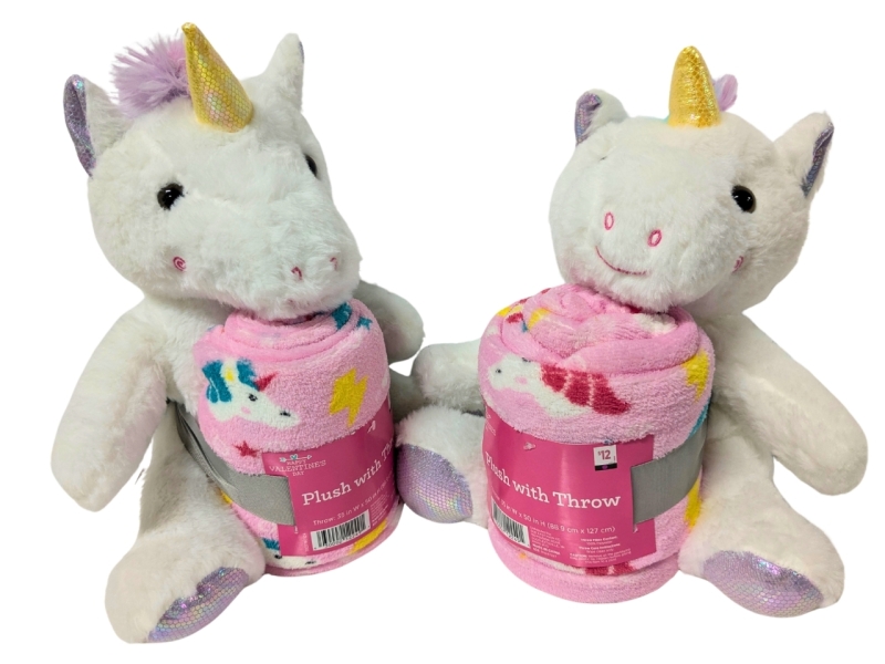2 New Adorable 10" UNICORN Plush Toys with Matching Throw Blankets - 35" x 50" ea