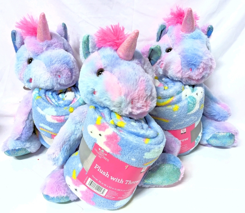 3 New Adorable 10" UNICORN Plush Toys with Matching Throw Blankets - 35" x 50" ea