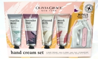 New OLIVIA GRACE Hand Cream Gift Set with 4 Creams, Nail Clippers, Nail File & Storage Bag - Creams 30ml ea
