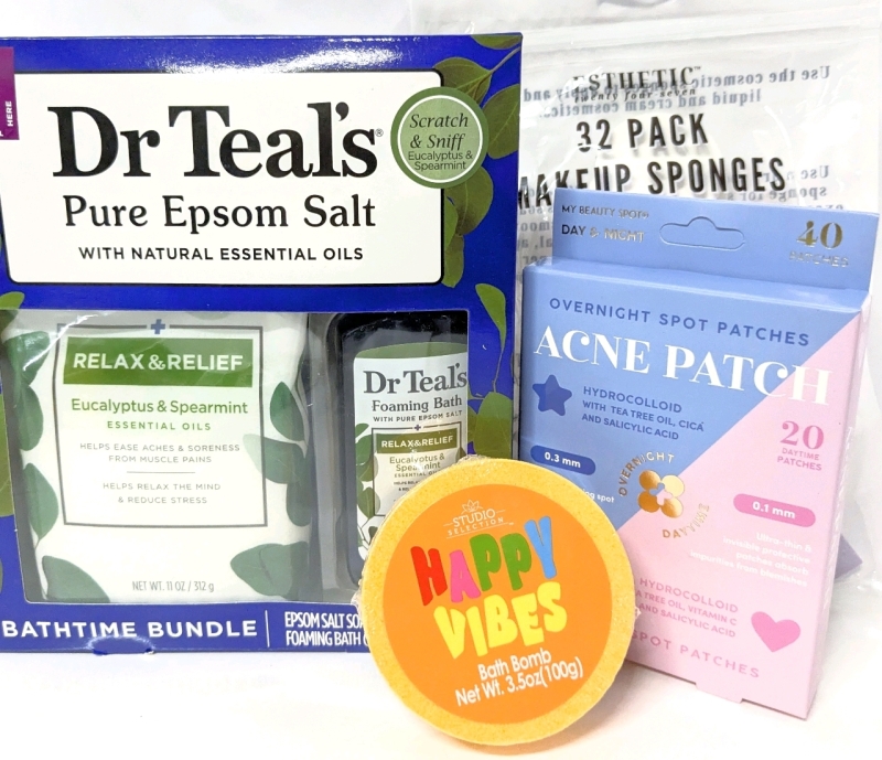 New Bath & Body: Dr Teals Bathtime Bundle, 32-Pack Esthetic Makeup Sponges, Overnight & Daytime Acne Patches (40pc) & Happy Vibes Bath Bomb (100g)