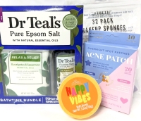 New Bath & Body: Dr Teals Bathtime Bundle, 32-Pack Esthetic Makeup Sponges, Overnight & Daytime Acne Patches (40pc) & Happy Vibes Bath Bomb (100g)