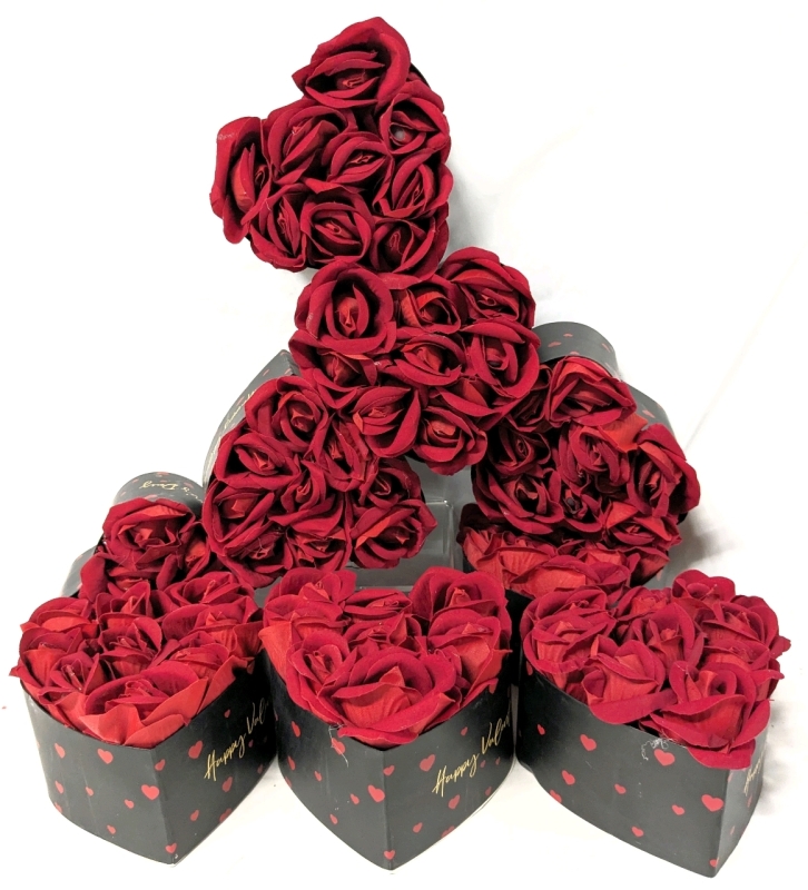 9 New Heart-Shaped Boxes Filled with Artificial Rose Flowers - 3.25" Tall ea