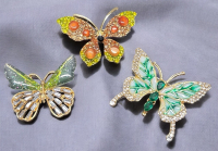 Three Butterfly Brooches Zirconia Peridot Rhinestone and Emerald Green Rhinestones