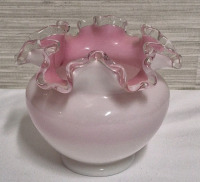 Vintage Silver Crest Unmarked Fenton Pink Interior Milk Glass Ruffled Rim Bowl Vase - Fenton Silver Crest Bowl Vase 4" Tall