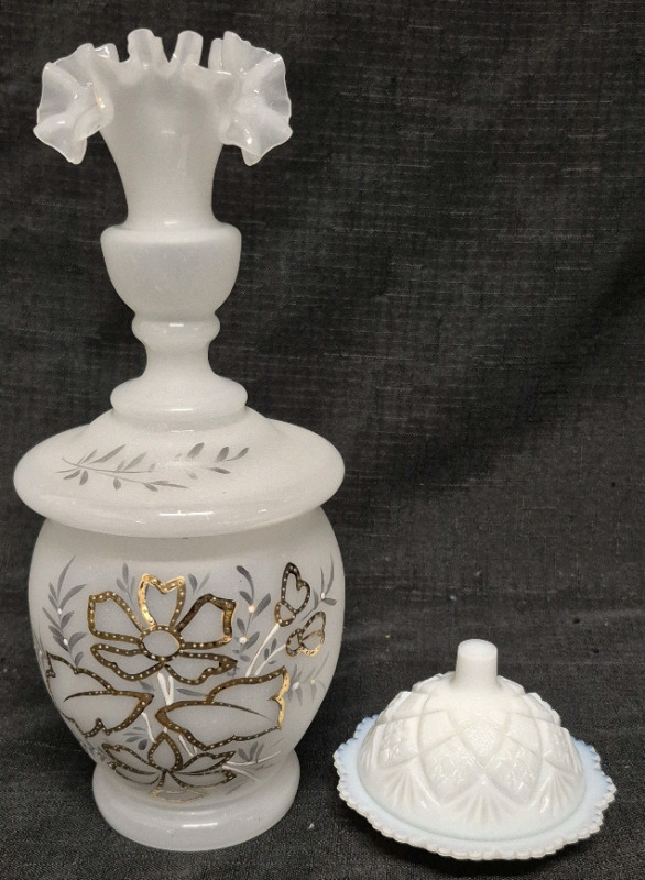 Vintage Glass Enameled Ruffled Top Dresser Bottle 9.5" Tall & Milk Glass Covered Trinket Box 2.5" Tall