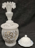 Vintage Glass Enameled Ruffled Top Dresser Bottle 9.5" Tall & Milk Glass Covered Trinket Box 2.5" Tall