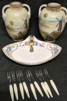 Vintage Vases 5.25" Moriage Hand Painted Urn Style Landscape Art Nouveau ++