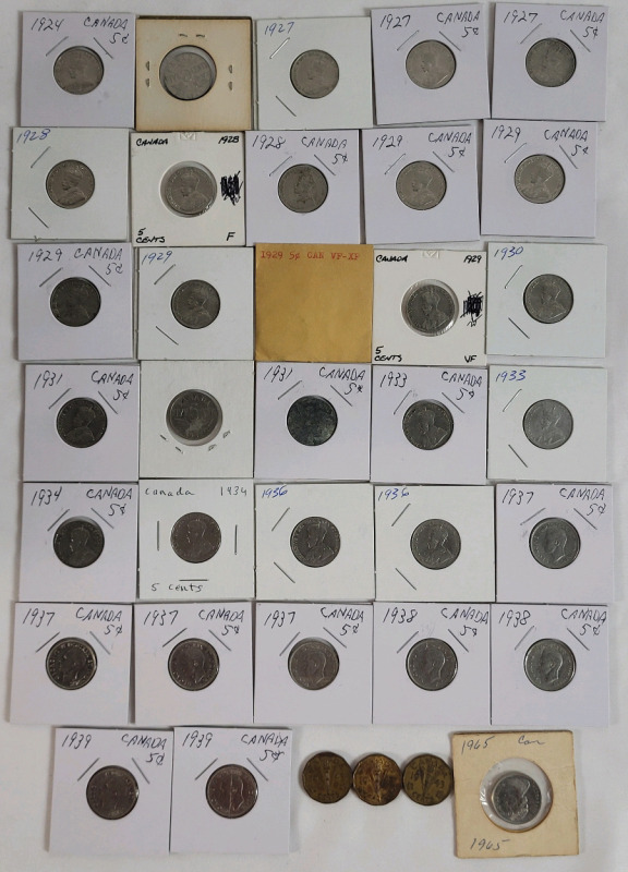 1924 - 1965 Canadian 5 Cent Nickels . Includes 1926 Near 6 Nickel . 35 Coins