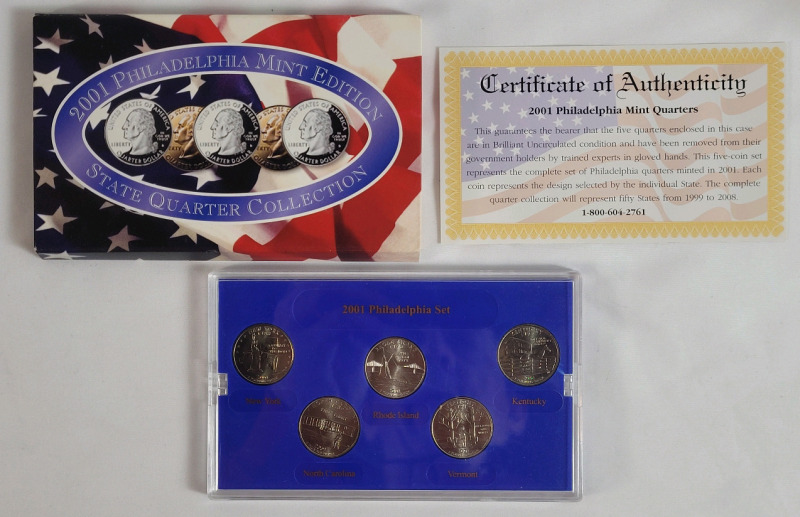 2001 USA Philadelphia Mint Edition State Quarter Set . Brilliant Uncirculated Condition in Case .